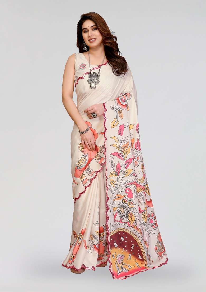 White Silk Blend Saree Set with Printed for Diwali | Wedding & Festive Wear - Indya