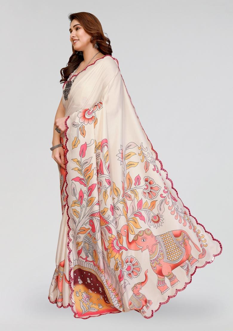 White Printed Silk Saree Set - Indya