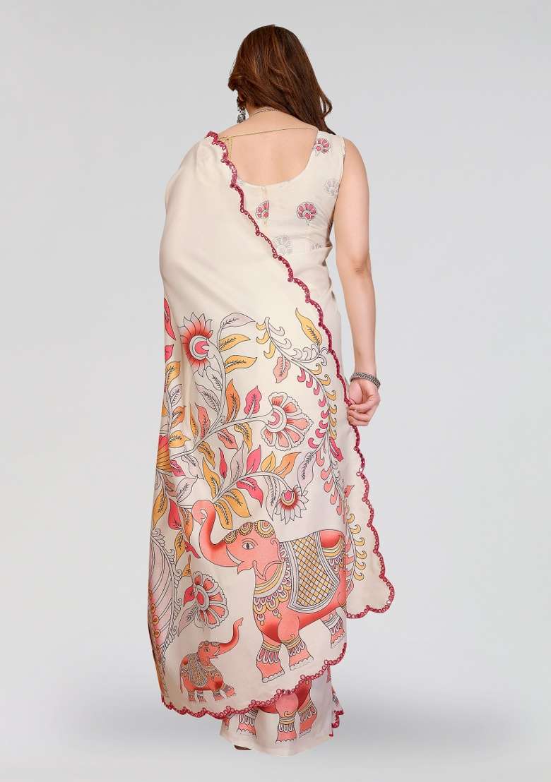 White Silk Blend Saree Set with Printed for Diwali | Wedding & Festive Wear - Indya
