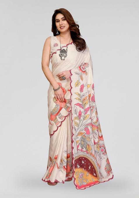 White Printed Silk Saree Set