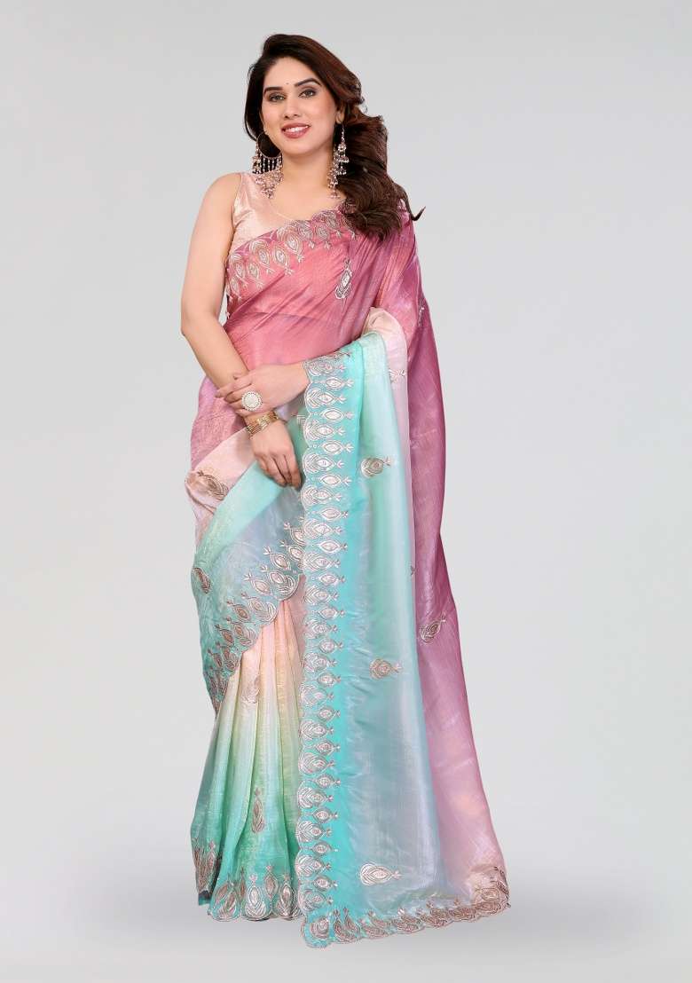 Rama Embroidery Silk Blend Saree Set for Diwali and Festive Wear - Indya