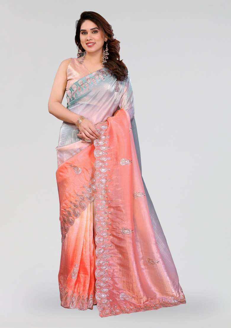 Rama Peach Silk Blend Saree Set with Embroidery for Diwali | Wedding & Festive Wear - Indya