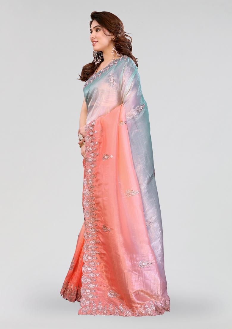 Rama Peach Embroidery Silk Saree Set - Indya