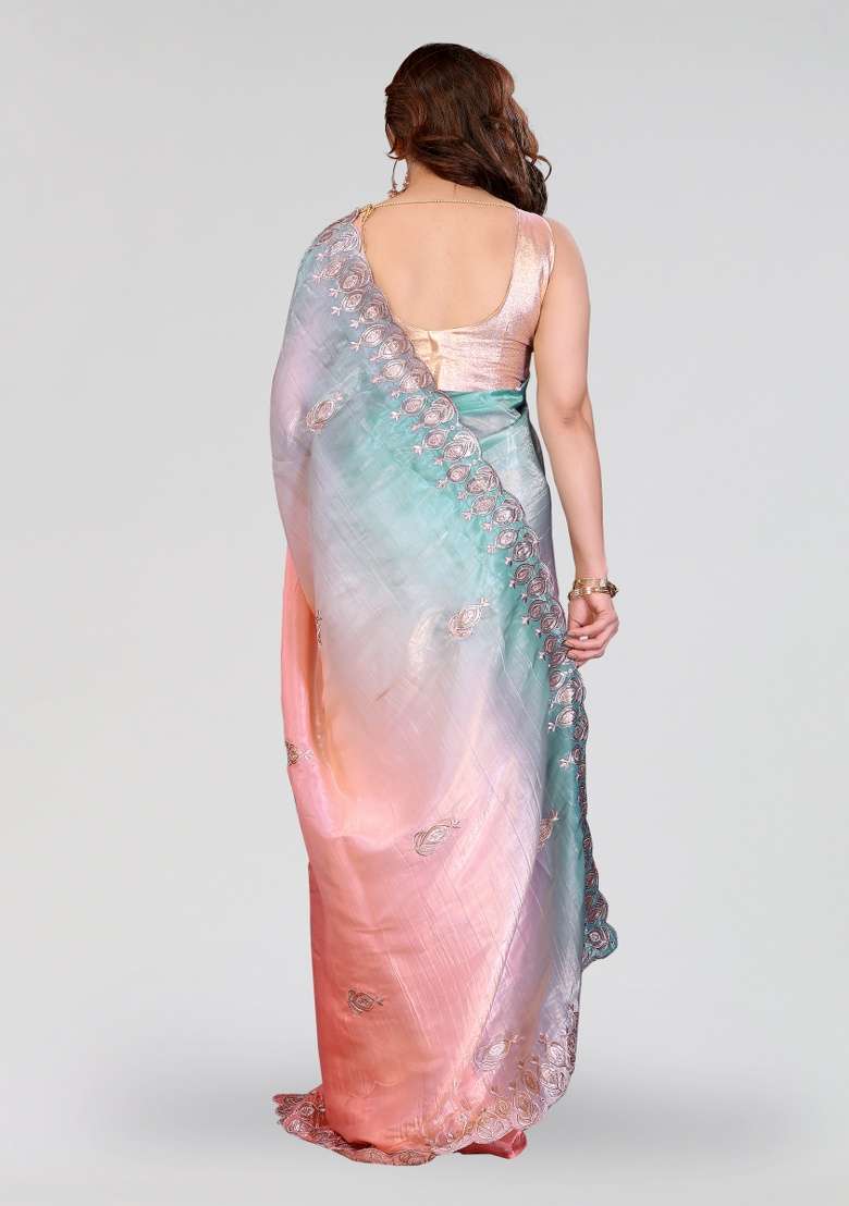 Rama Peach Silk Blend Saree Set with Embroidery for Diwali | Wedding & Festive Wear - Indya