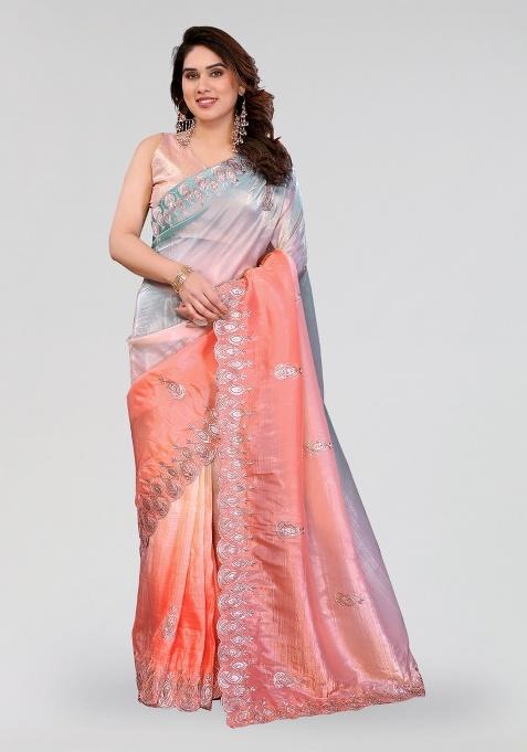 Rama Peach Embroidery Silk Saree Set