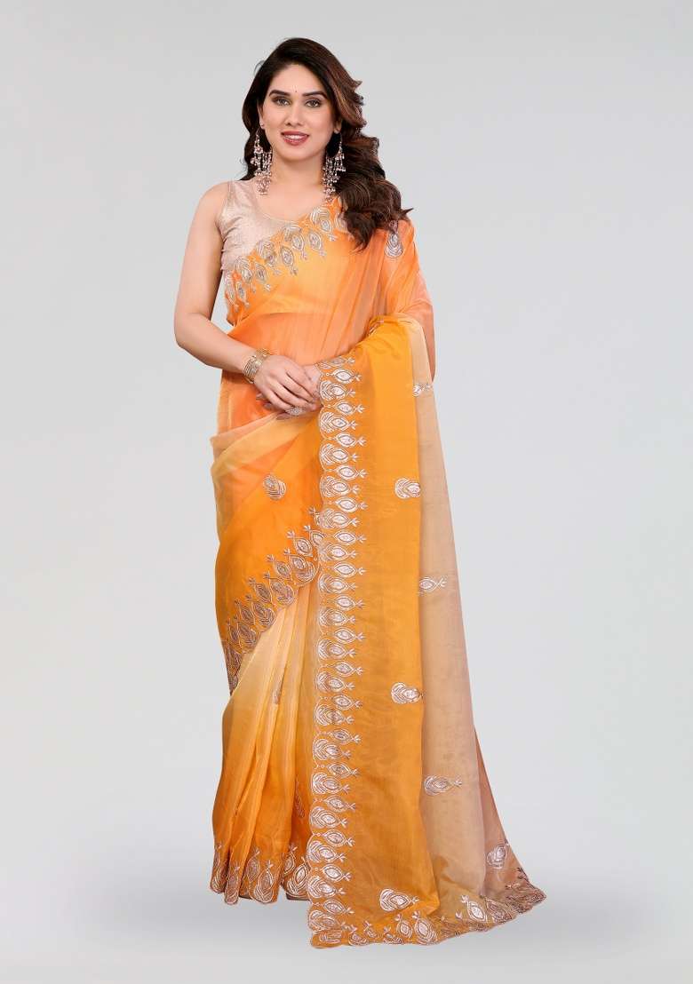 Orange And Yellow Embroidery Silk Blend Saree Set for Diwali and Festive Wear - Indya