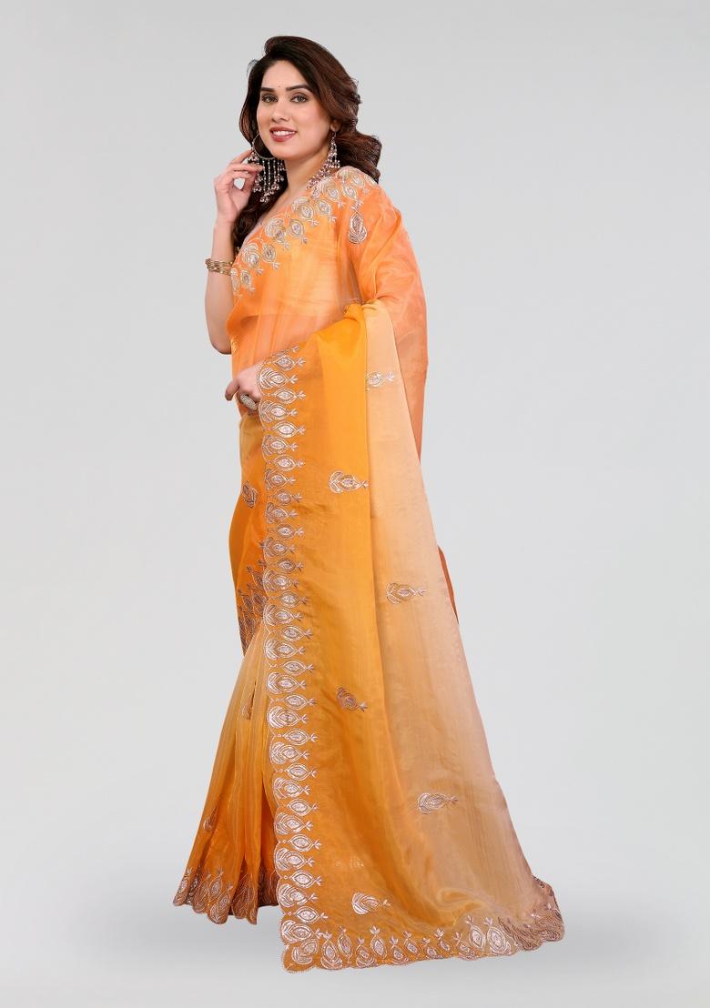 Orange And Yellow Embroidery Silk Saree Set - Indya