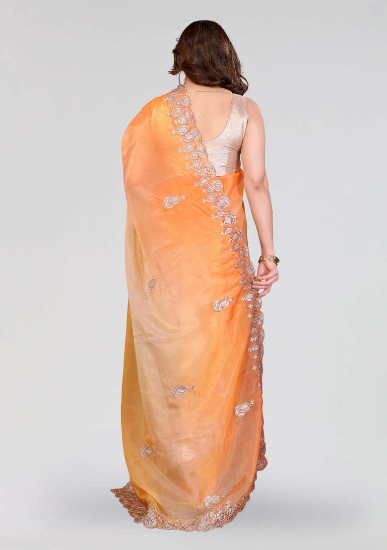 Orange And Yellow Embroidery Silk Blend Saree Set for Diwali and Festive Wear - Indya