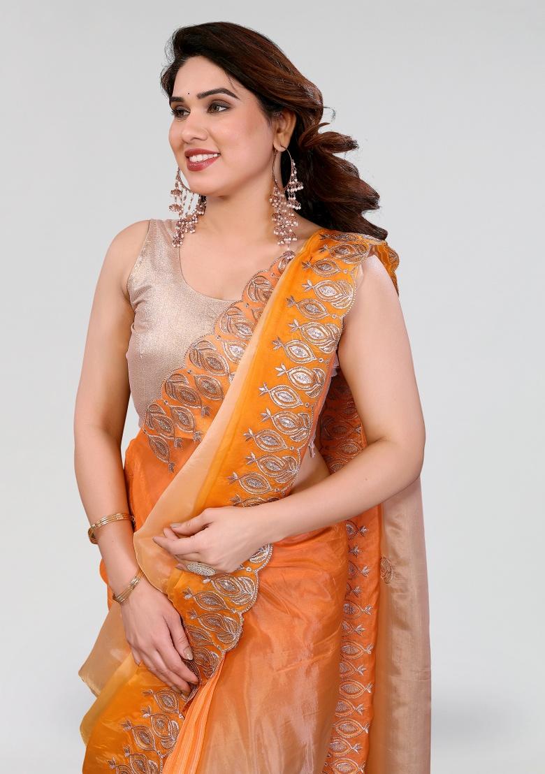 Orange And Yellow Embroidery Silk Saree Set - Indya