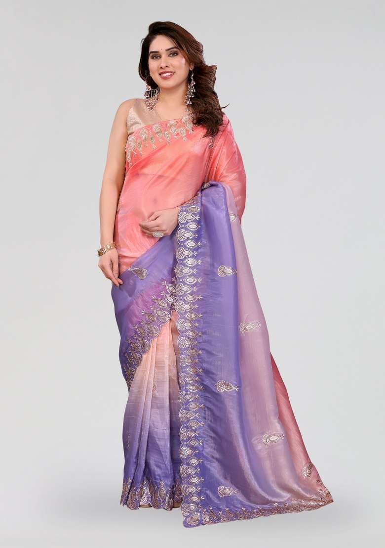 Peach And Lavender Silk Blend Saree Set with Embroidery for Diwali | Wedding & Festive Wear - Indya