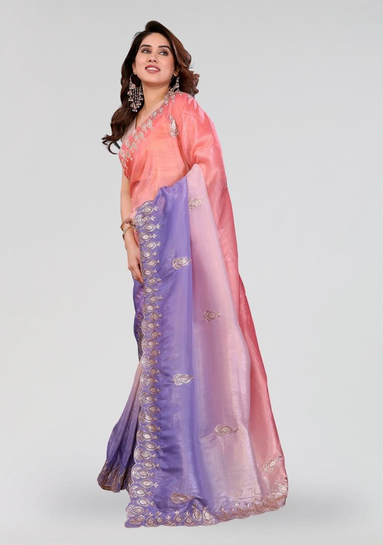 Peach And Lavender Embroidery Silk Saree Set - Indya