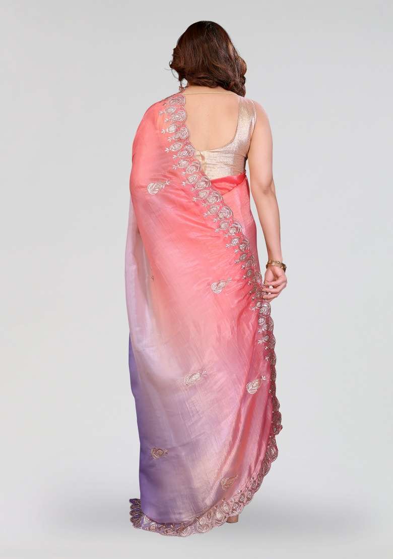Peach And Lavender Silk Blend Saree Set with Embroidery for Diwali | Wedding & Festive Wear - Indya