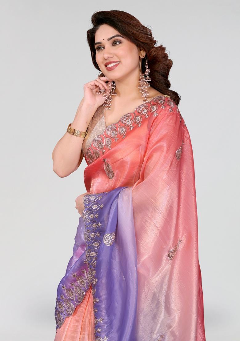 Peach And Lavender Embroidery Silk Saree Set - Indya