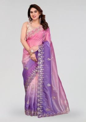 Pink And Lavender Embroidery Silk Saree Set