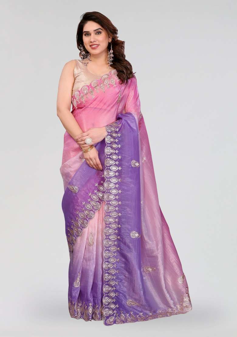 Pink And Lavender Silk Blend Saree Set with Embroidery for Diwali | Wedding & Festive Wear - Indya