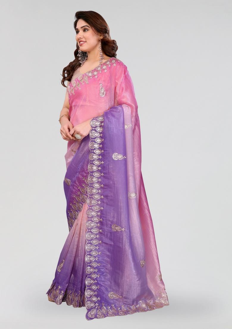 Pink And Lavender Embroidery Silk Saree Set - Indya