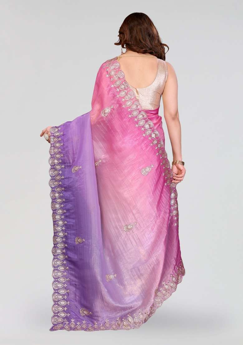 Pink And Lavender Silk Blend Saree Set with Embroidery for Diwali | Wedding & Festive Wear - Indya