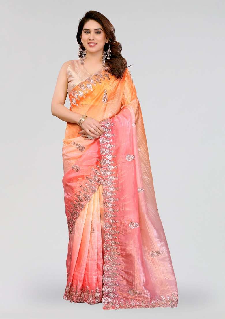 Pink And Orange Silk Blend Saree Set with Embroidery for Diwali | Wedding & Festive Wear - Indya