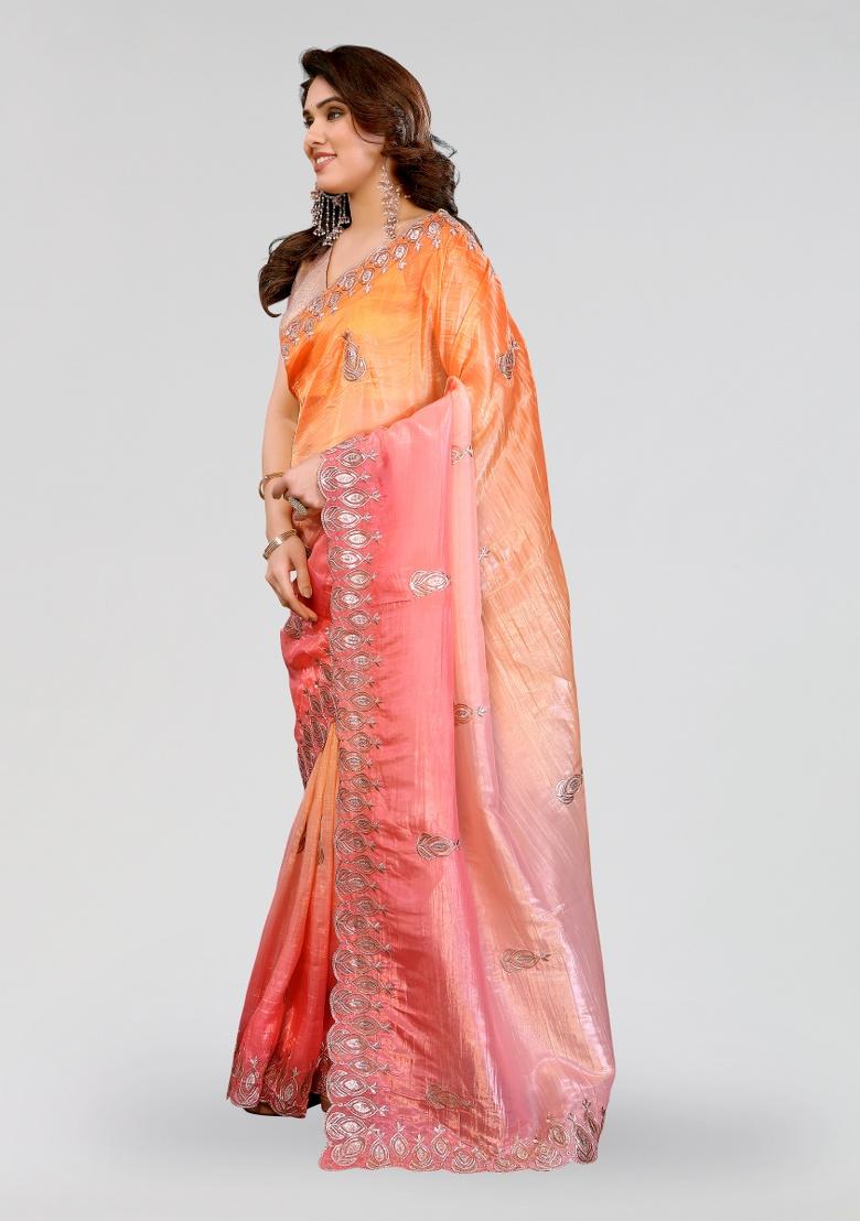 Pink And Orange Embroidery Silk Saree Set - Indya