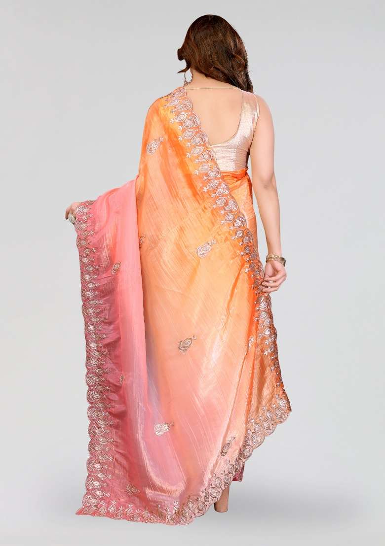Pink And Orange Silk Blend Saree Set with Embroidery for Diwali | Wedding & Festive Wear - Indya
