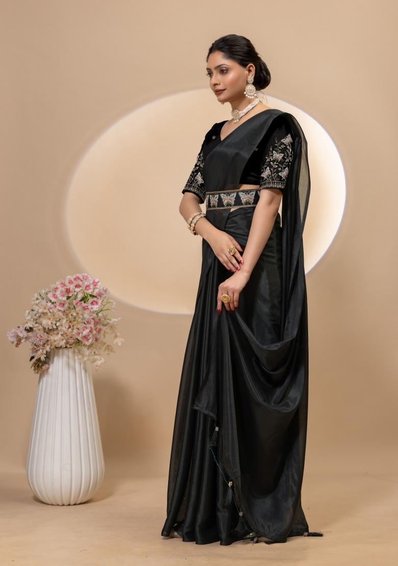 Black Embroidery Silk Saree Set - Indya