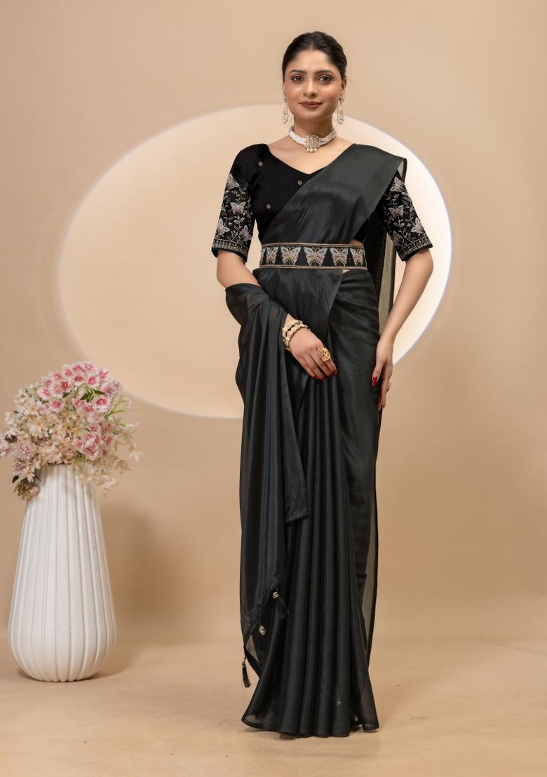 Black Embroidery Silk Saree Set - Indya