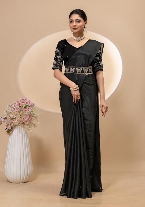 Black Embroidery Silk Saree Set