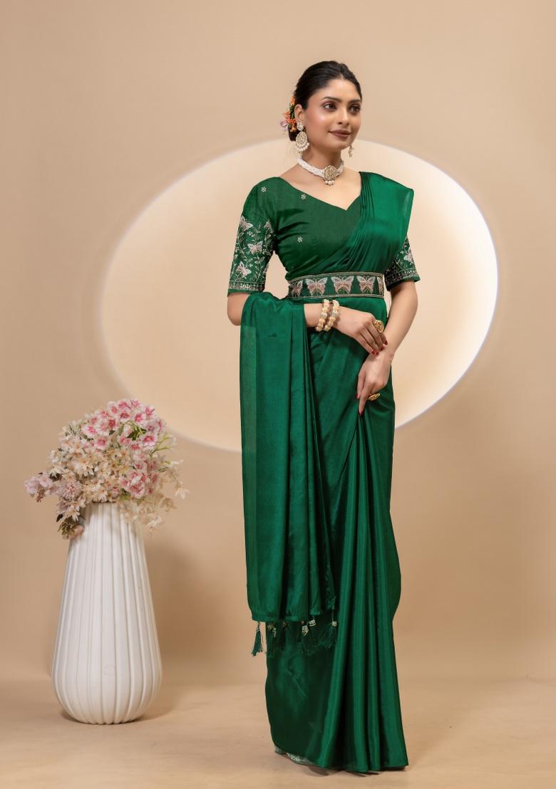 Green Embroidery Silk Saree Set - Indya