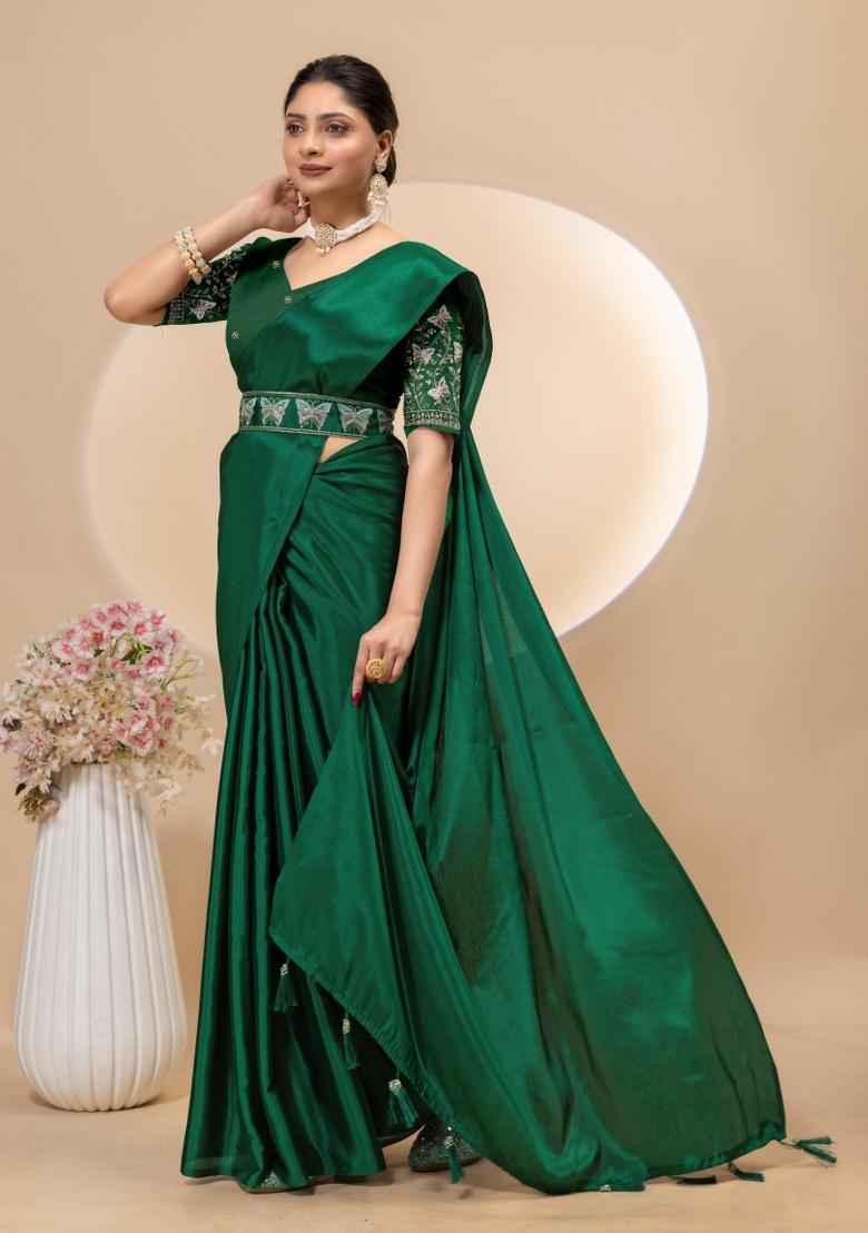Green Embroidery Silk Saree Set - Indya