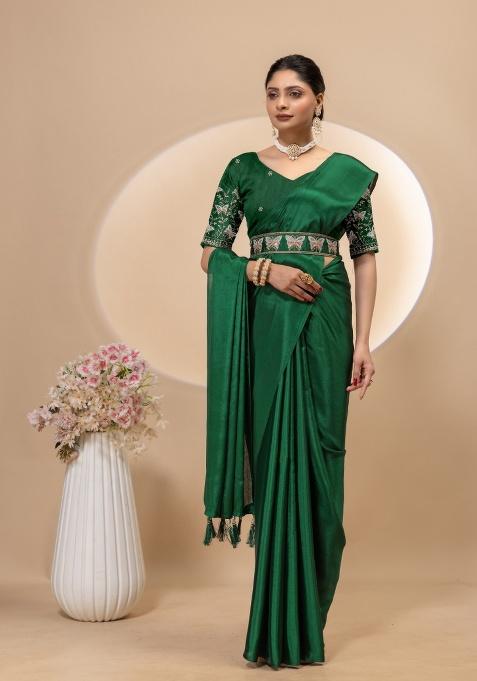 Green Embroidery Silk Saree Set
