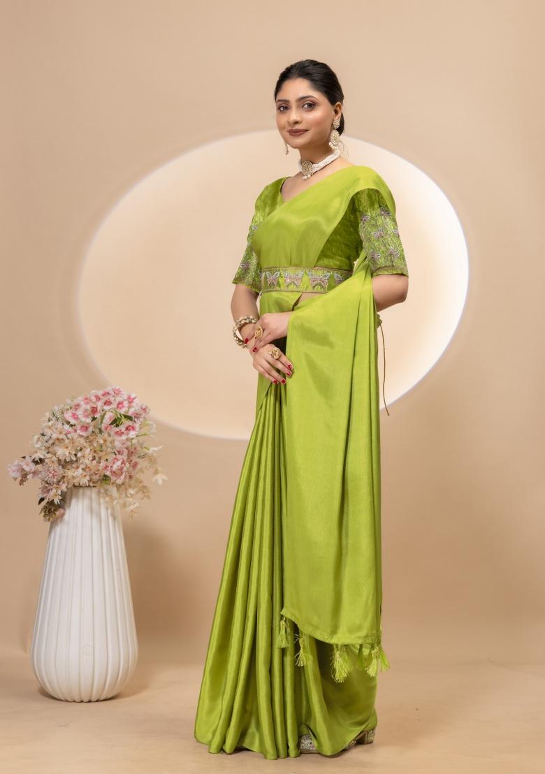 Pista Embroidery Silk Saree Set - Indya