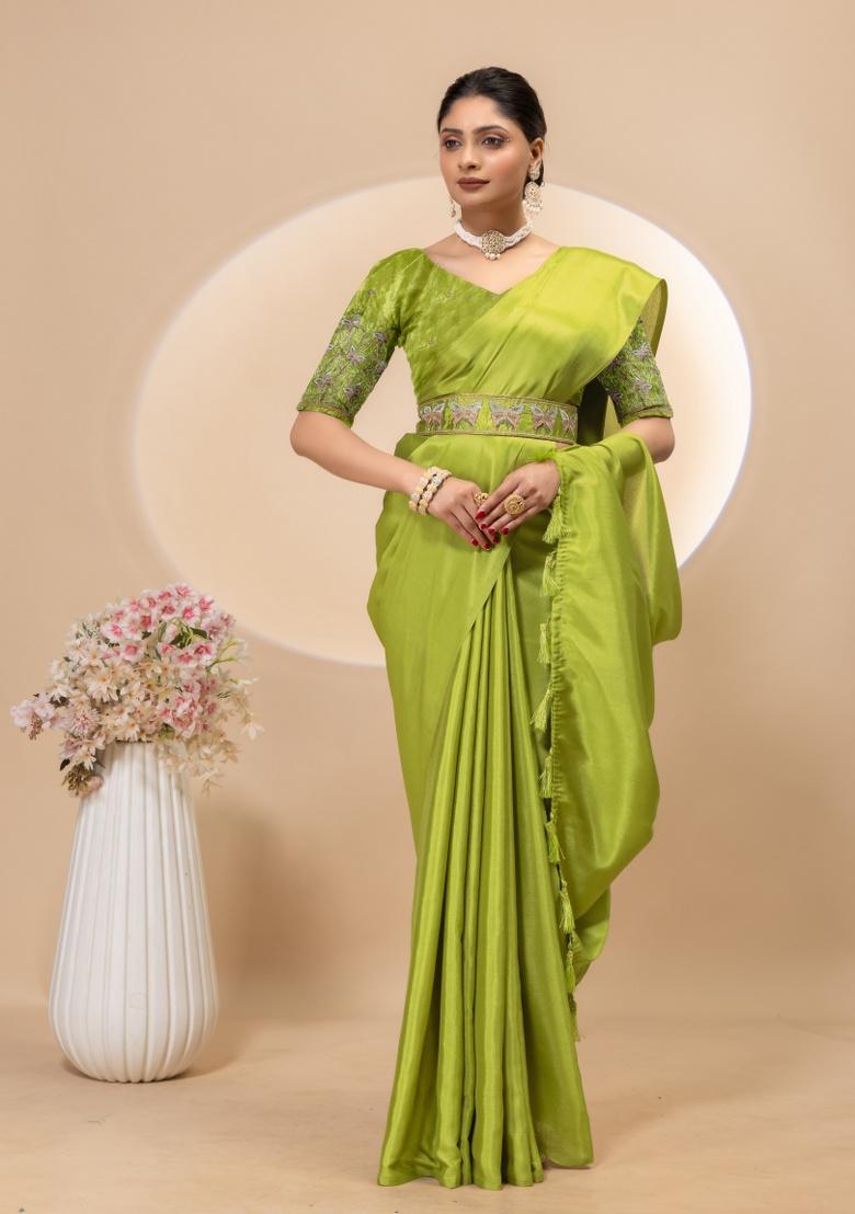 Pista Embroidery Silk Saree Set - Indya