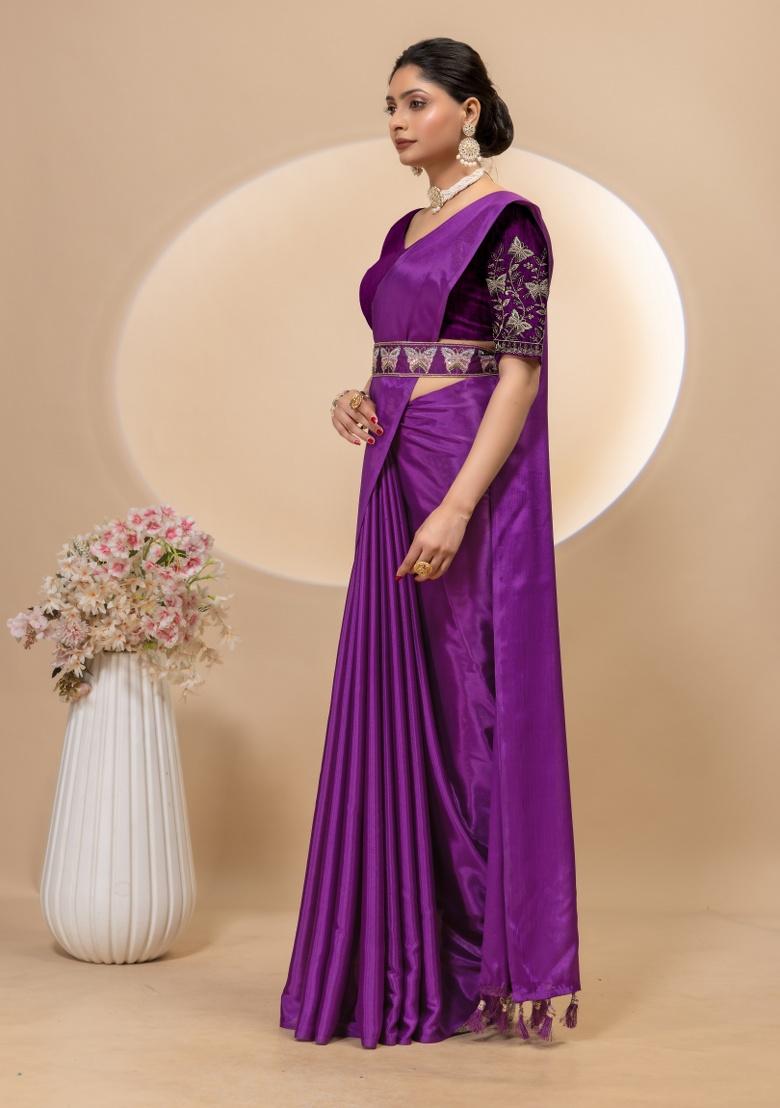 Wine Embroidery Silk Saree Set - Indya