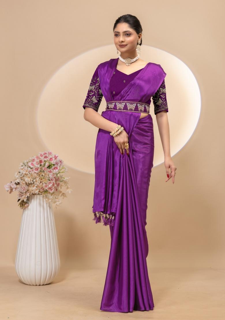 Wine Embroidery Silk Saree Set - Indya