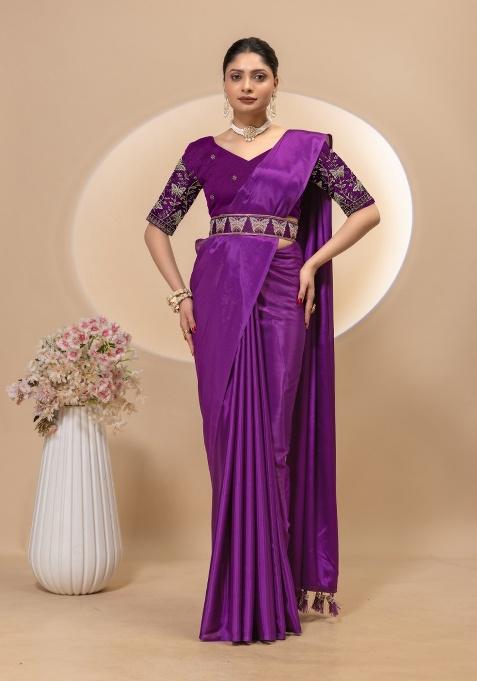 Wine Embroidery Silk Saree Set