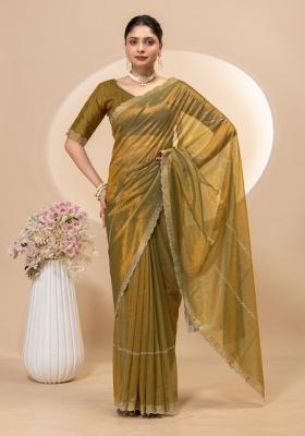 Gold Siroski Work Net Saree Set