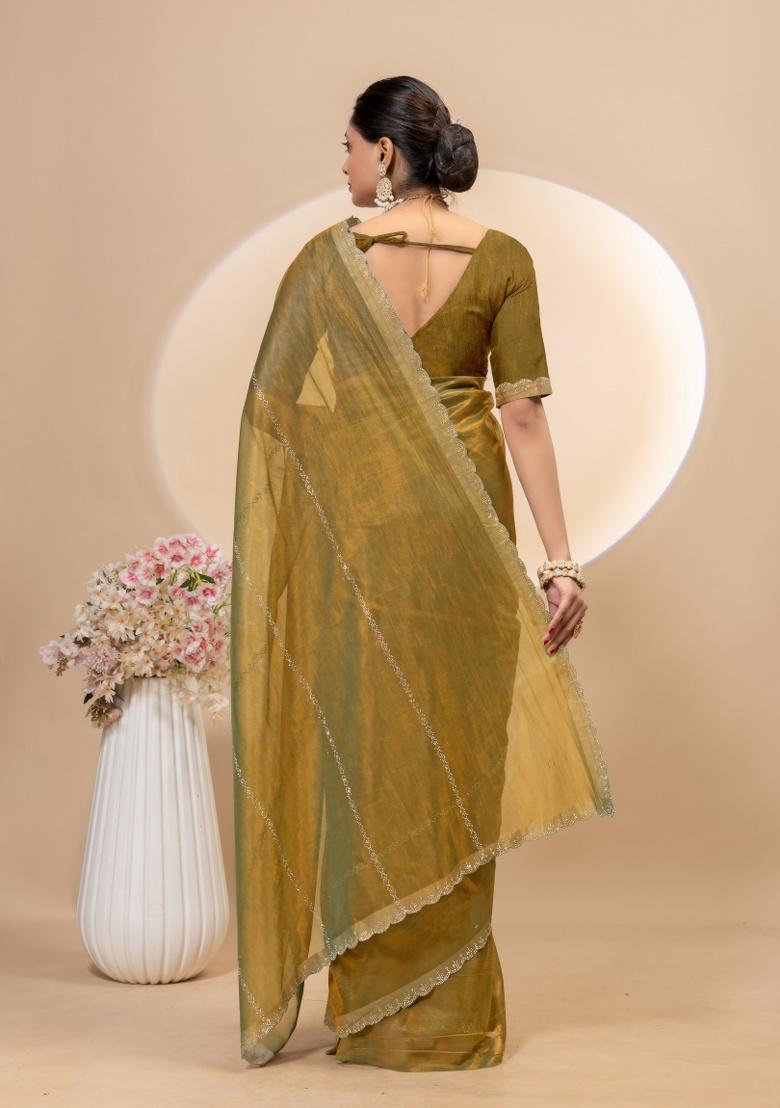 Gold Siroski Work Net Saree Set - Indya