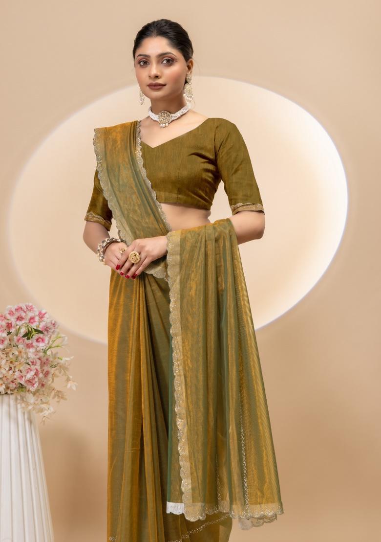 Gold Siroski Work Net Saree Set - Indya