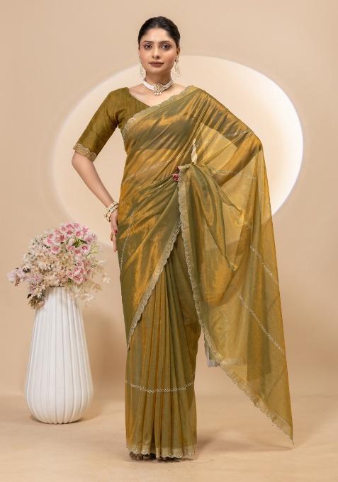Gold Siroski Work Net Saree Set
