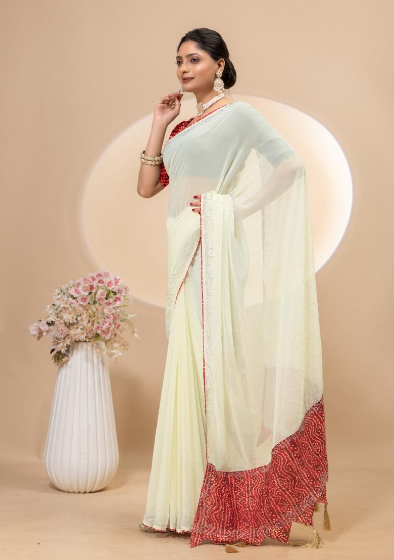Cream Siroski Work Silk Saree Set - Indya