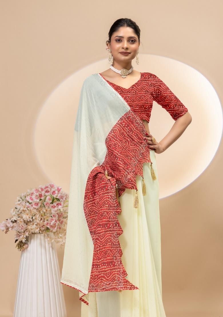 Cream Siroski Work Silk Saree Set - Indya