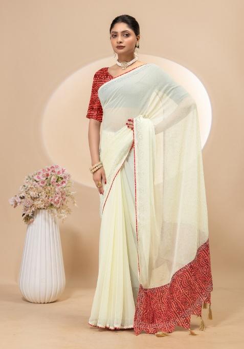Cream Siroski Work Silk Saree Set