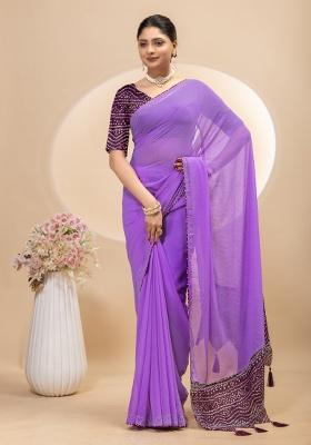 Purple Siroski Work Silk Saree Set