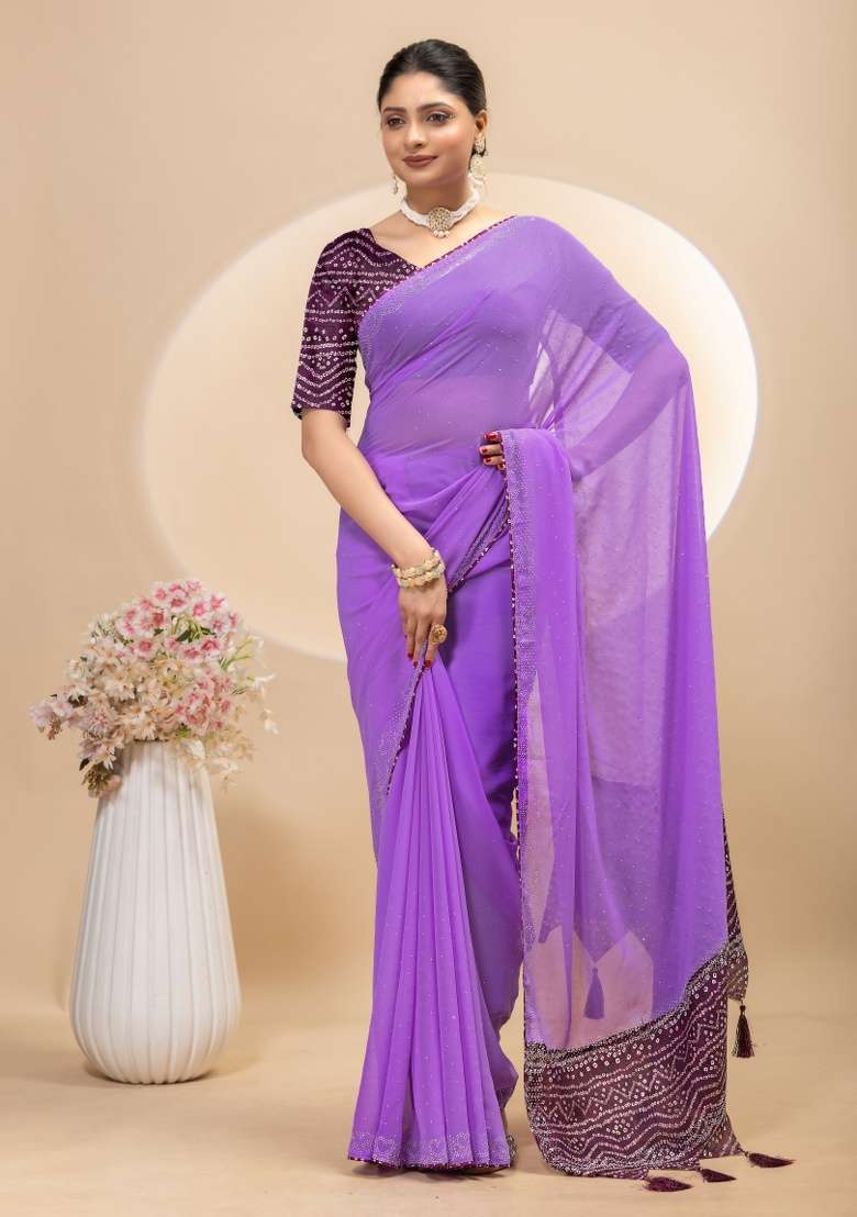 Purple Siroski Work Silk Saree Set - Indya