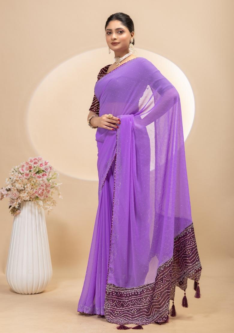 Purple Siroski Work Silk Saree Set - Indya