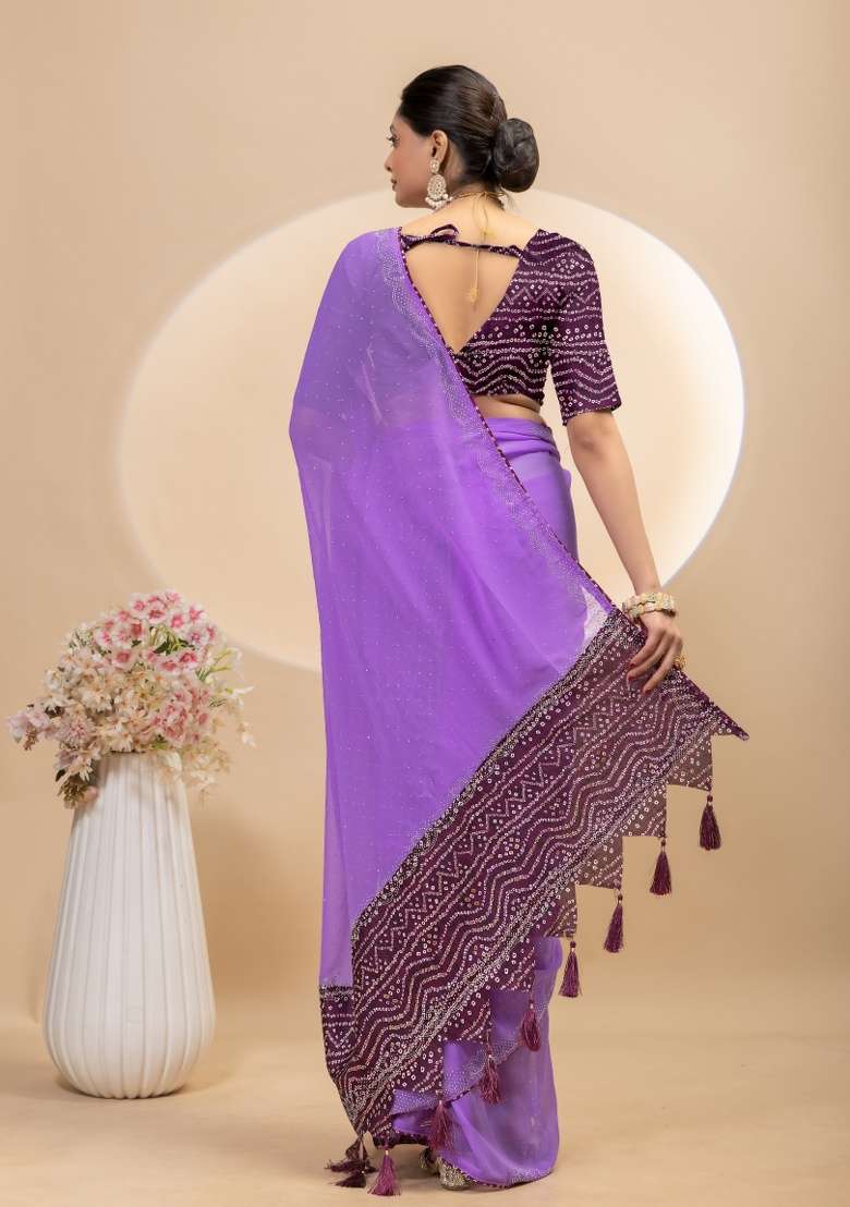 Purple Siroski Work Silk Saree Set - Indya