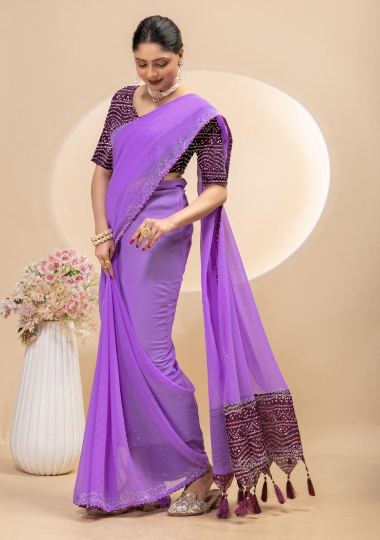 Purple Siroski Work Silk Saree Set - Indya