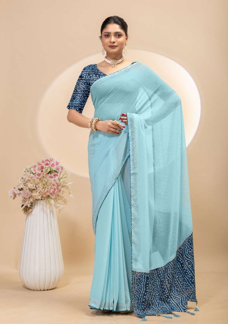 Sky Blue Siroski Work Silk Saree Set - Indya