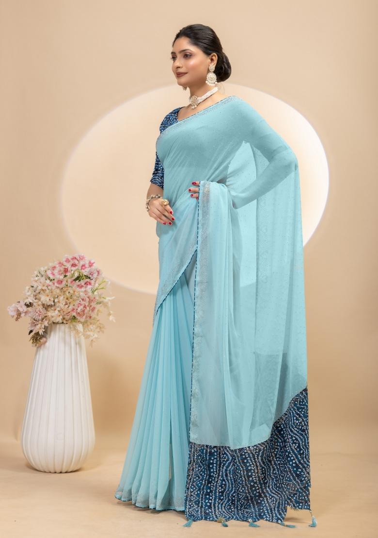 Sky Blue Siroski Work Silk Saree Set - Indya