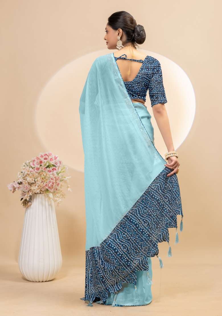 Sky Blue Siroski Work Silk Saree Set - Indya